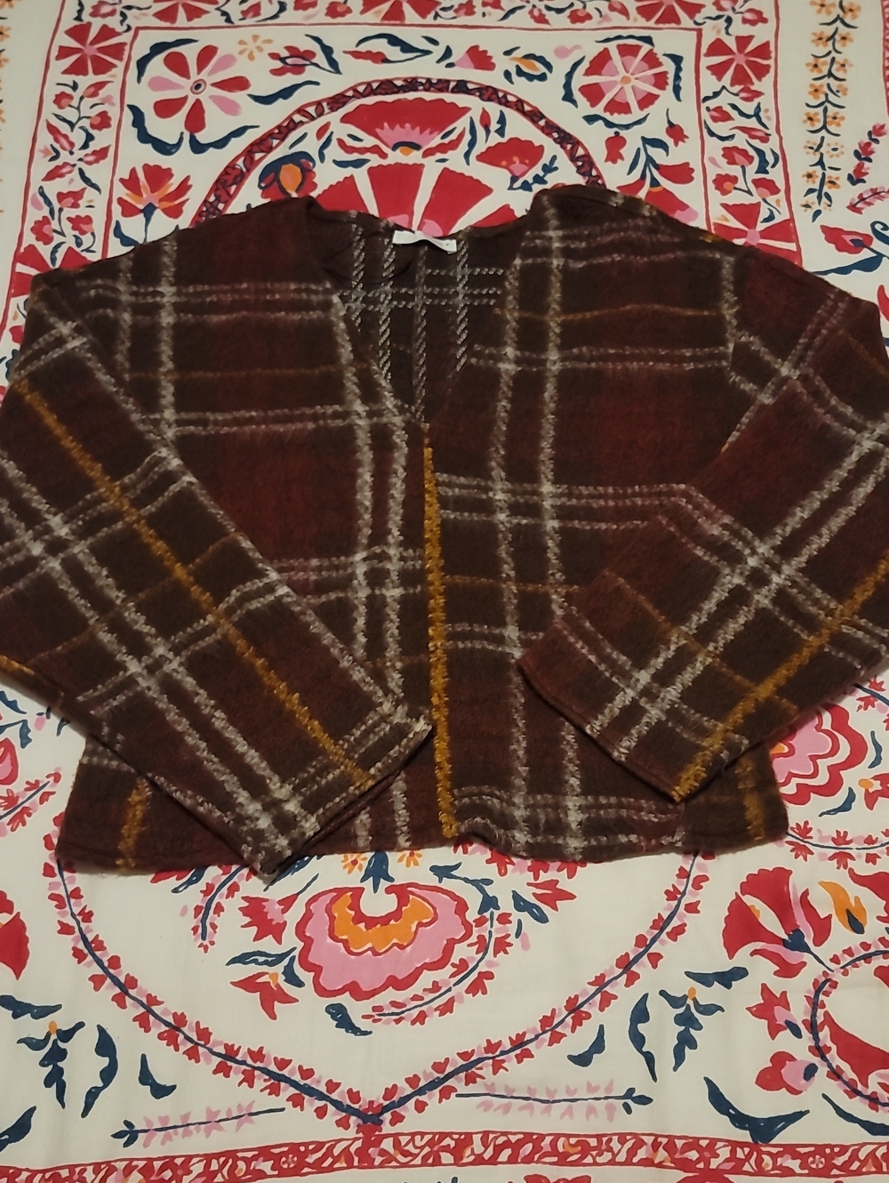 Zara Womens Warm Brown Red Plaid V Neck Fall Sweater with Cream & Mustard Accent